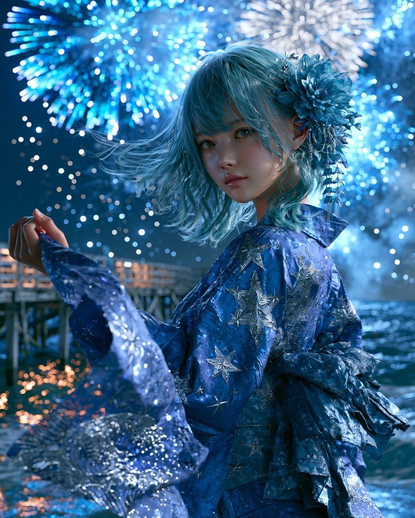 A young woman with blue hair wearing a blue yukata with star patterns, standing by the water with fireworks in the night sky.