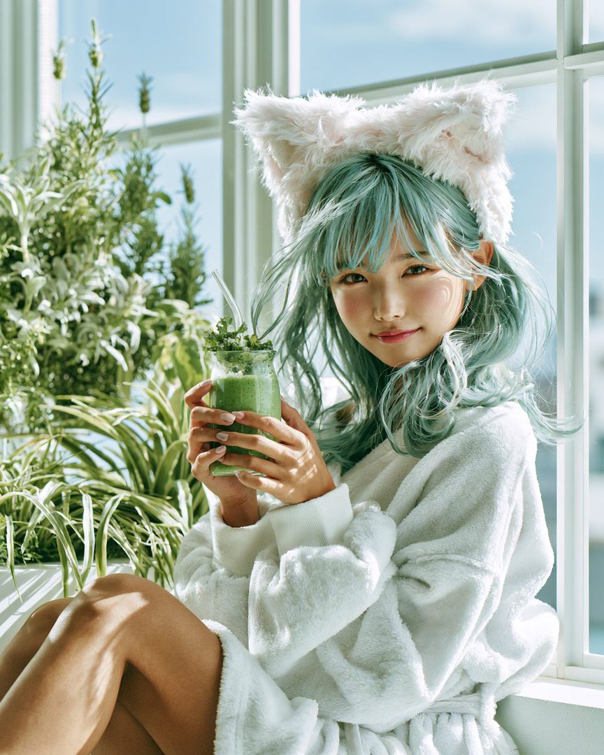 A young woman with teal twin-tail hair and cat ears holds a green smoothie, wearing a white robe indoors.