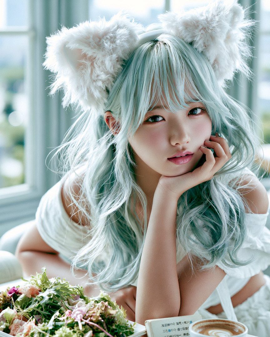 A young woman with light blue hair and fluffy cat ears accessory, resting her chin on her hand, with a salad and coffee in front of her.