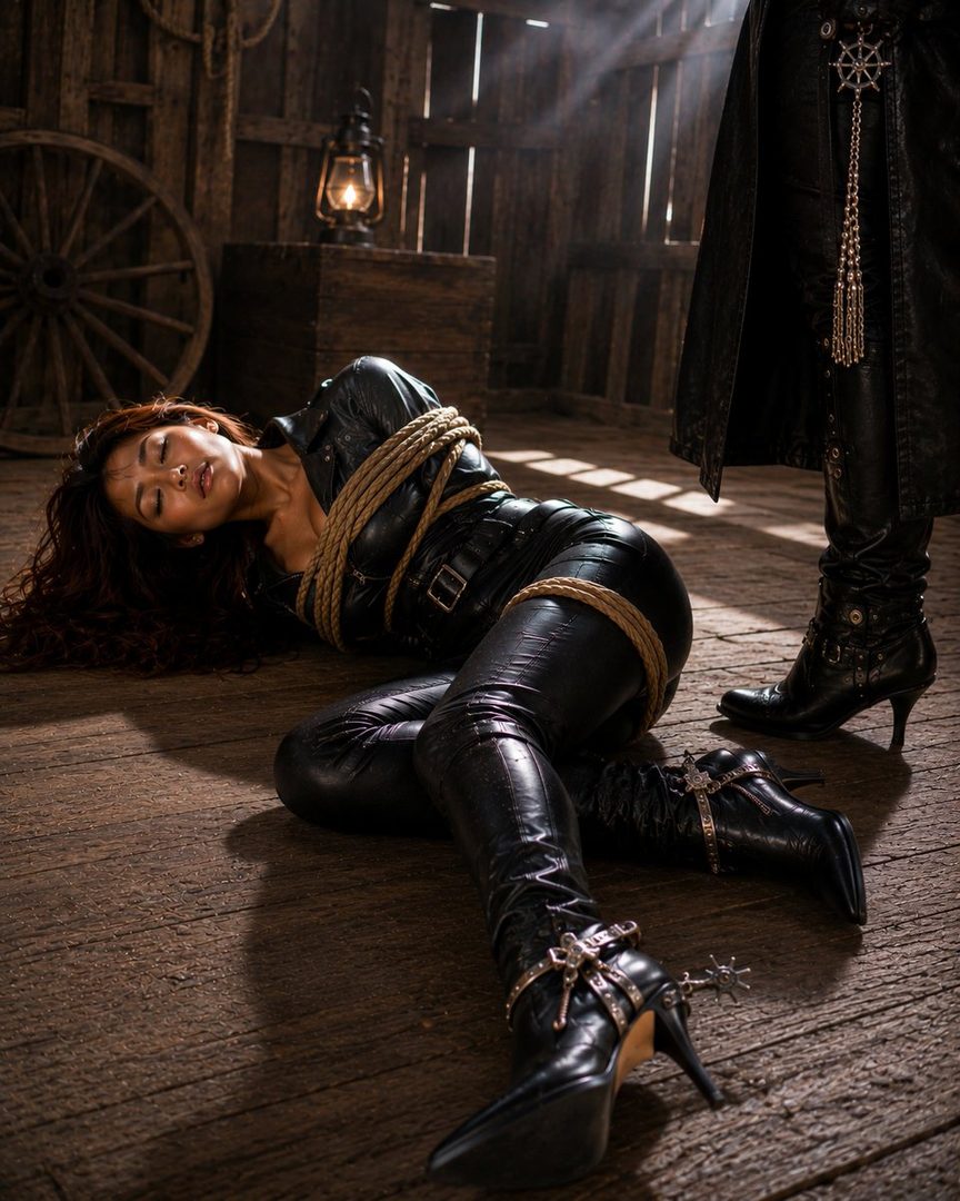 A woman is tied up with rope and lying on a wooden floor, wearing a black leather outfit and boots. Another person's legs are visible in the background.
