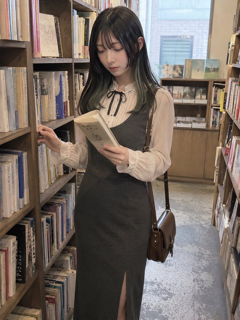 A young woman with black hair and green highlights, wearing a white blouse and a gray midi dress, is browsing books in a cozy bookstore.