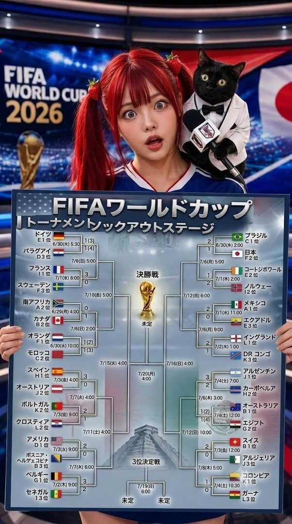 A red-haired woman in a sports jersey with a black cat on her shoulder, holding a FIFA World Cup 2026 tournament bracket.