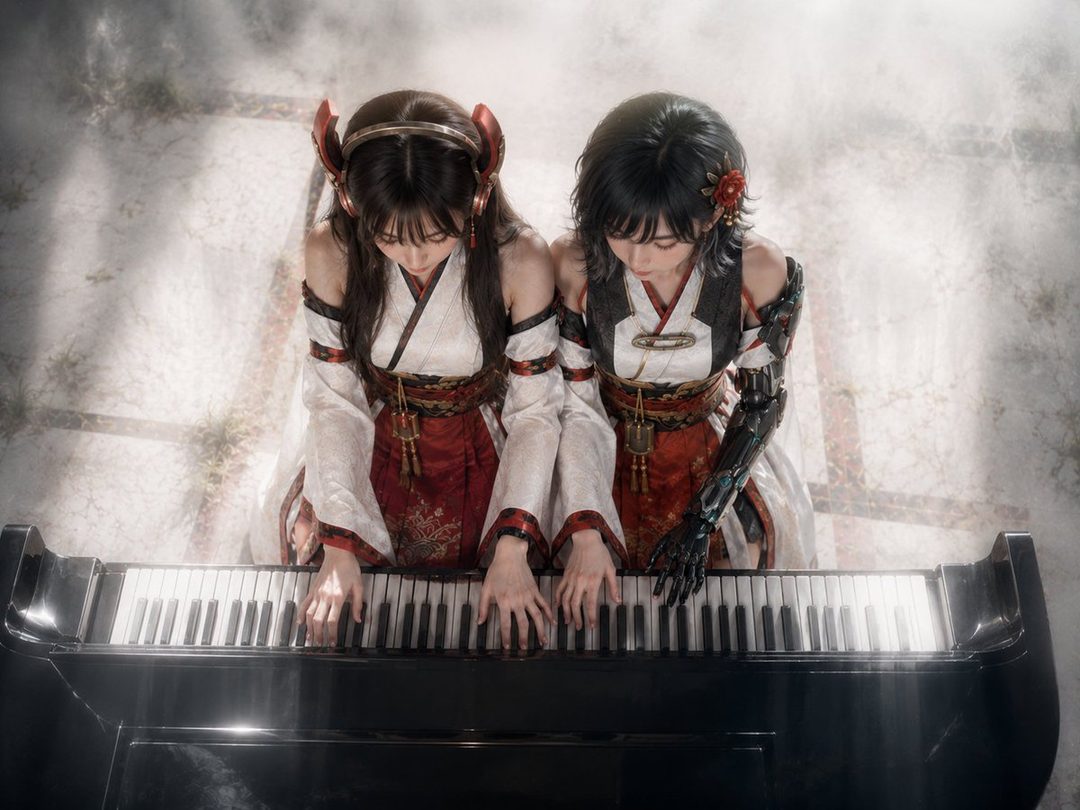 Two young women in traditional Japanese-inspired outfits playing a grand piano together.
