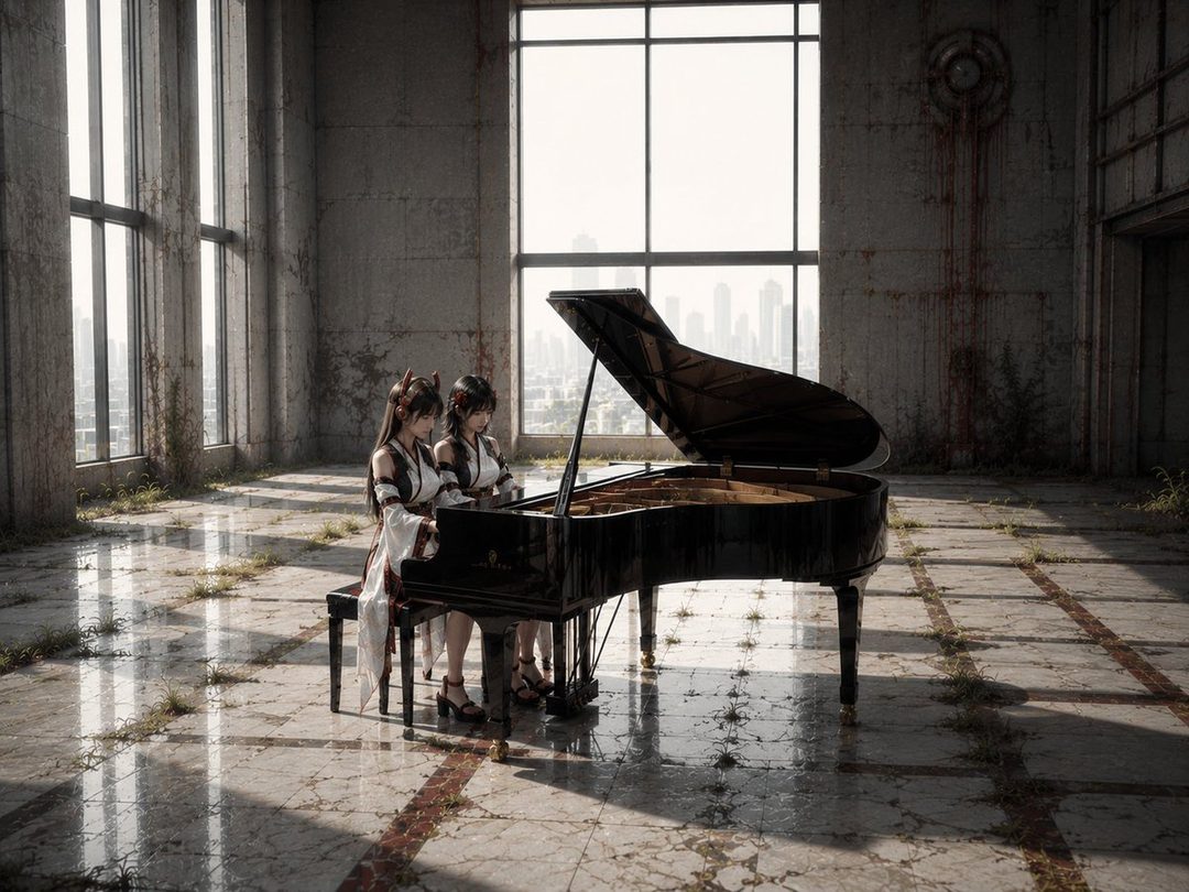 Two young women in matching outfits sit at a grand piano in a dilapidated room with large windows overlooking a city skyline.