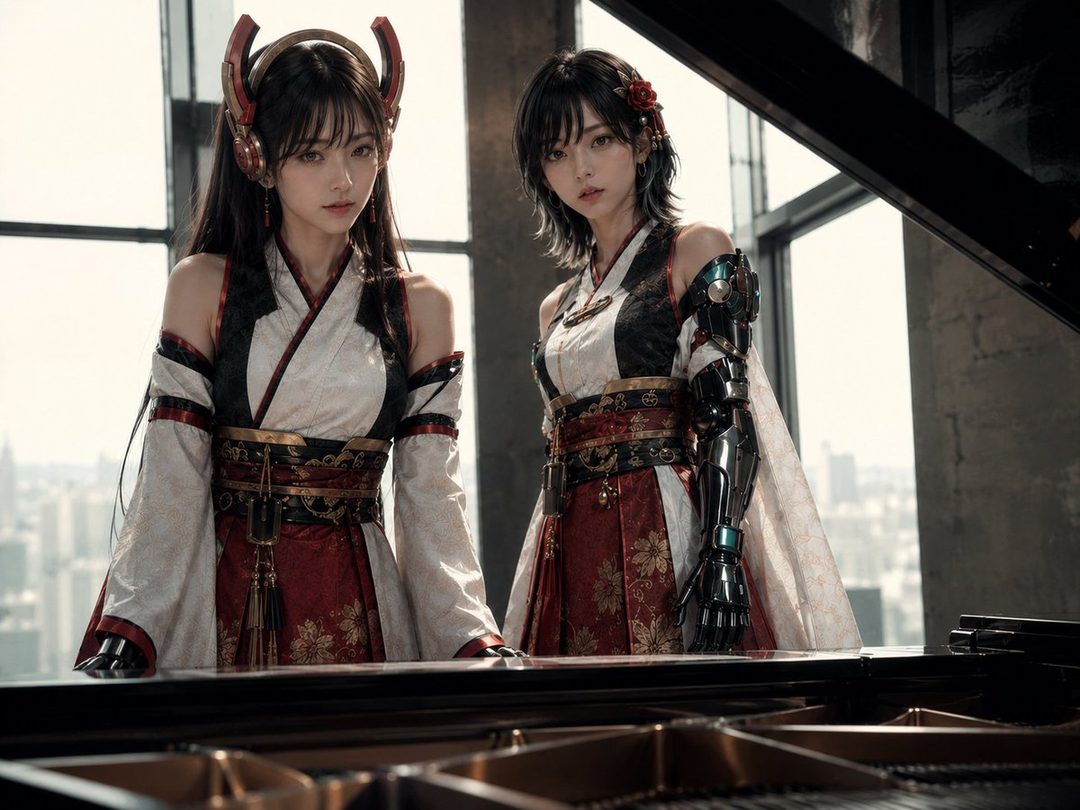 Two young women in traditional Japanese-inspired outfits stand in front of a grand piano, with a city view in the background.
