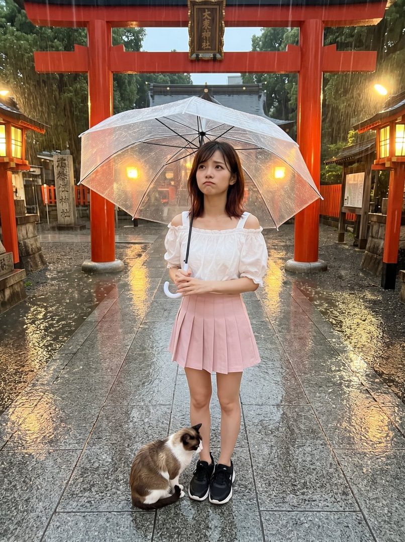 A young woman with short brown hair stands under a clear umbrella in the rain, wearing a white off-the-shoulder top and a pink pleated skirt. A cat sits at her feet in front of a Japanese torii gate.