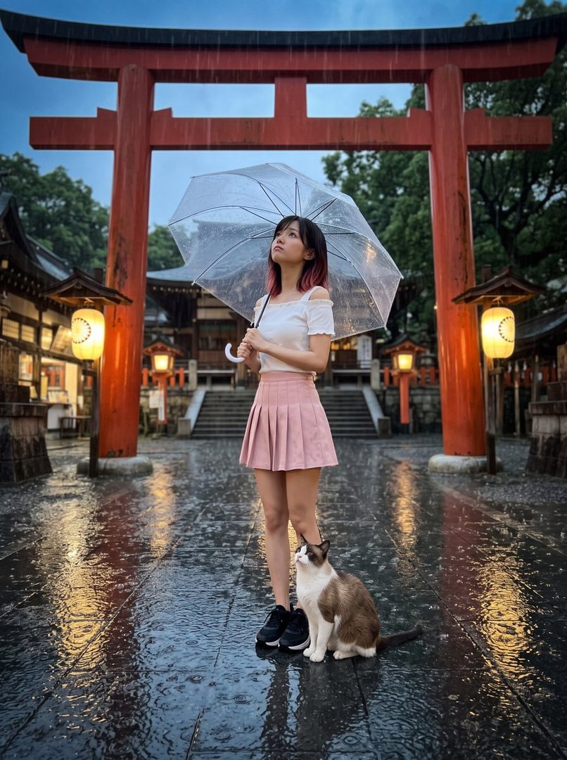 A young woman with pink-tipped hair stands under a clear umbrella in the rain, in front of a red torii gate at a Japanese shrine. A cat sits beside her.