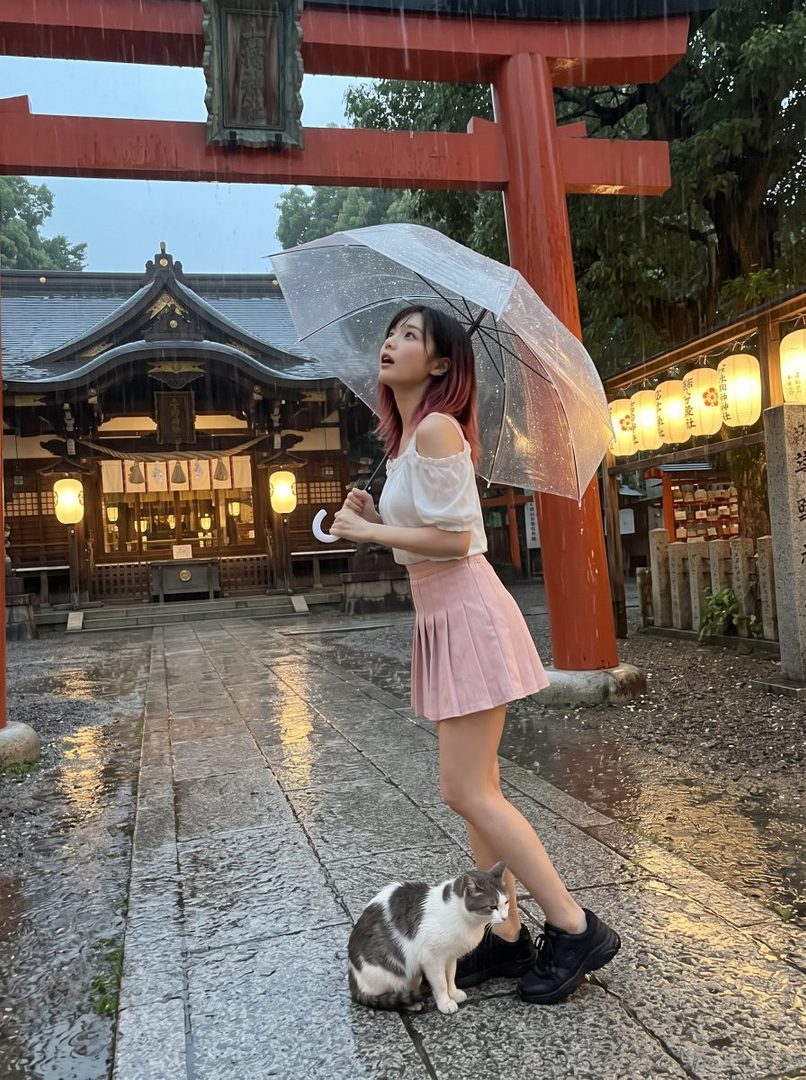 A young woman with pink-tipped hair stands under a clear umbrella in the rain, in front of a Japanese shrine, with a cat at her feet.