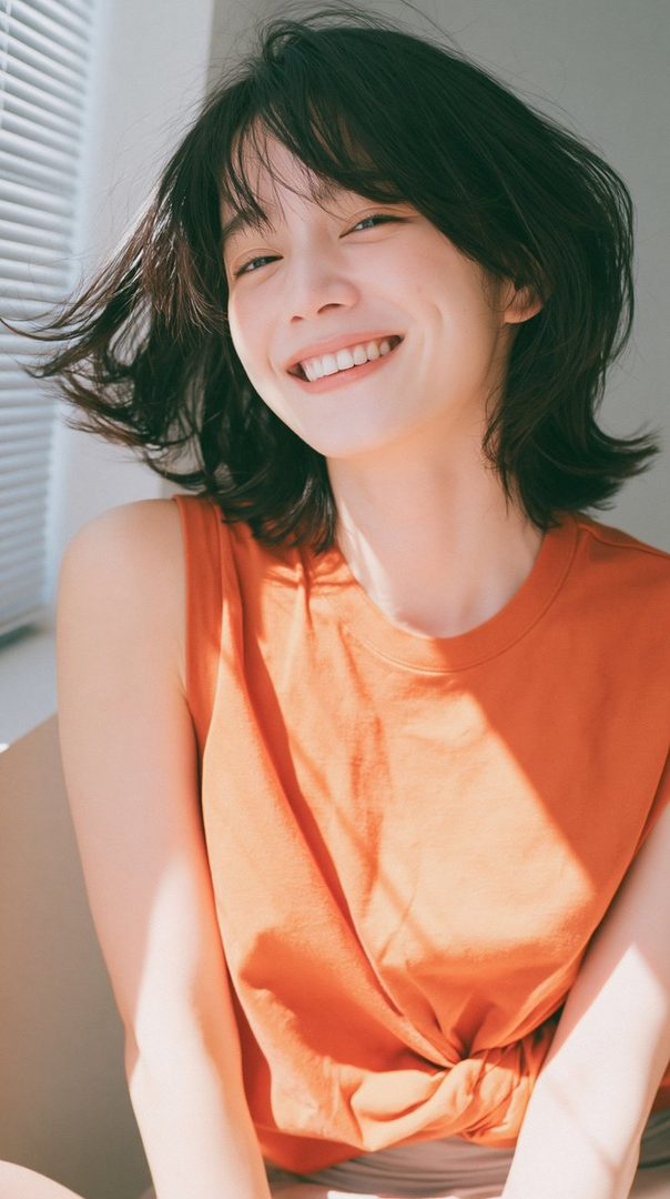 A young woman with short, dark hair and a bright smile, wearing an orange sleeveless top, bathed in natural light.