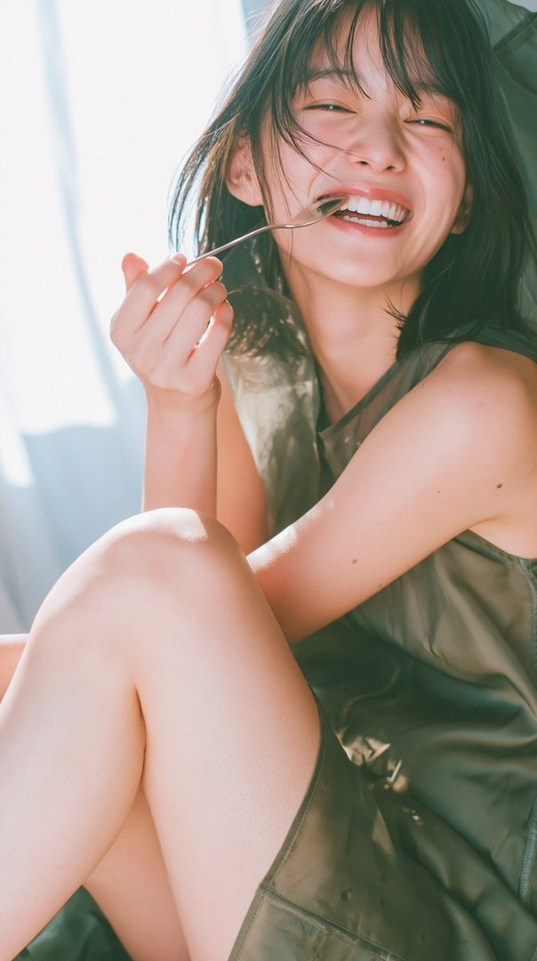 A young woman with dark hair smiles brightly while holding a spoon to her mouth, bathed in soft light.
