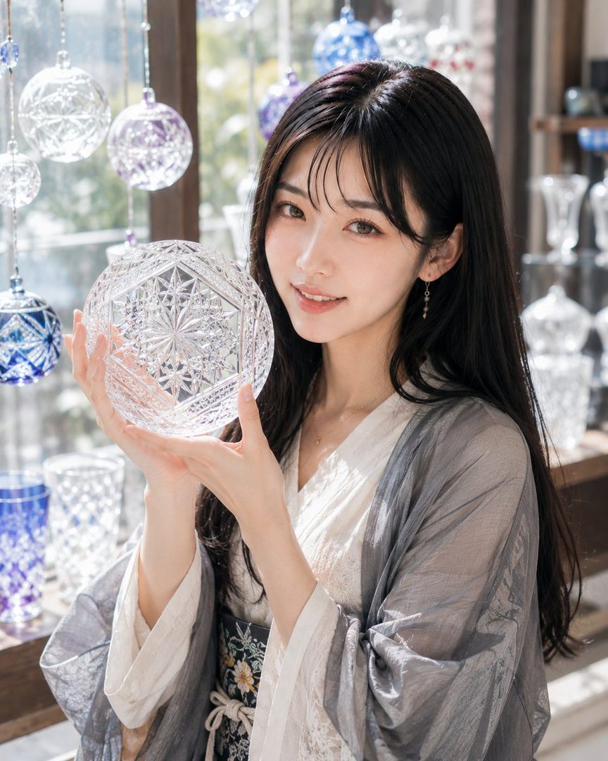 A beautiful East Asian woman with long black hair holds a crystal glass orb, wearing traditional Japanese-inspired clothing, indoors with decorative glass orbs in the background.