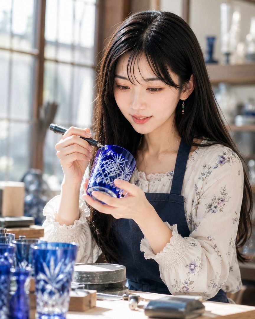 A young East Asian woman with long black hair, wearing an apron over a floral blouse, meticulously working on a blue glass cup with intricate carvings.