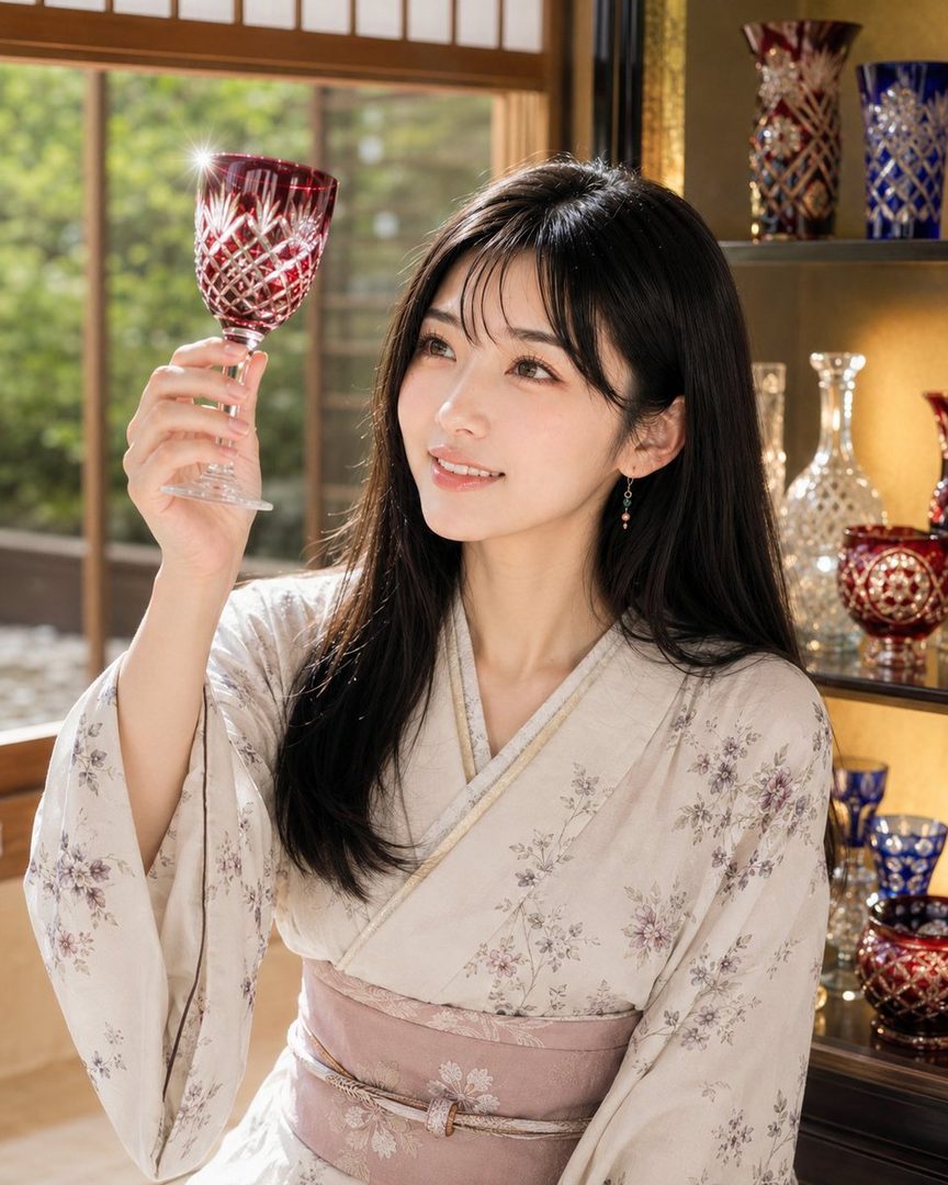 A young East Asian woman in a floral kimono holds a red crystal glass, looking to the side with a gentle smile.