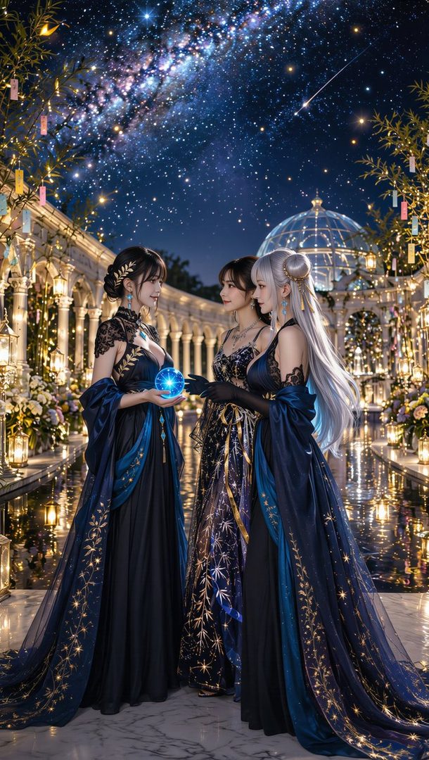 Three AI-generated women in elegant dark blue and gold dresses stand under a starry night sky with a galaxy visible, holding a glowing orb.