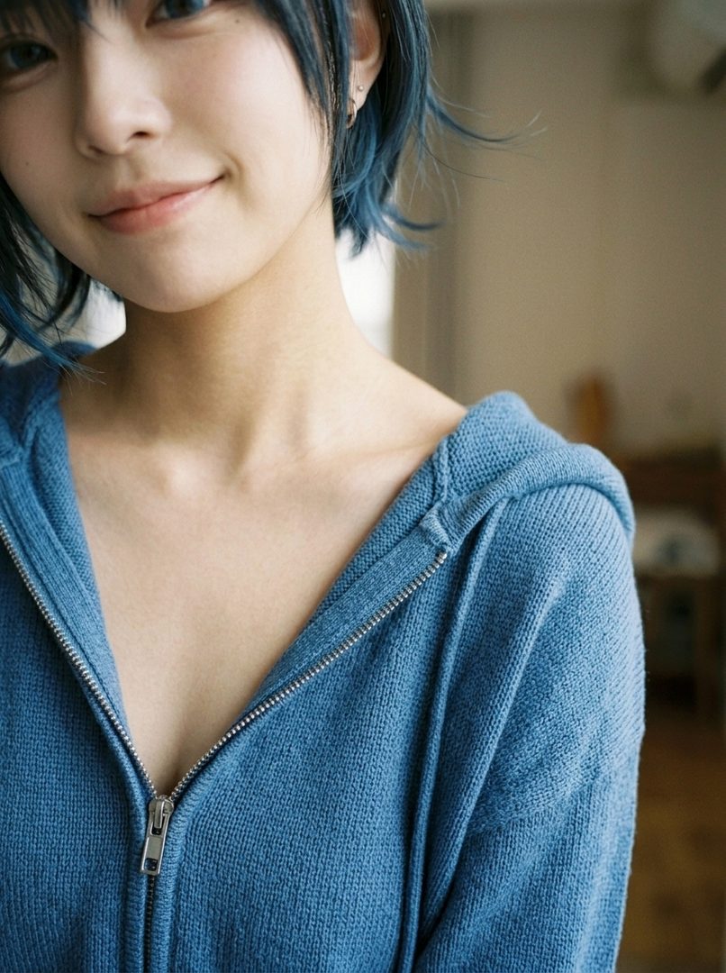 A close-up portrait of a young woman with short blue hair, wearing a blue zip-up hoodie, smiling gently.