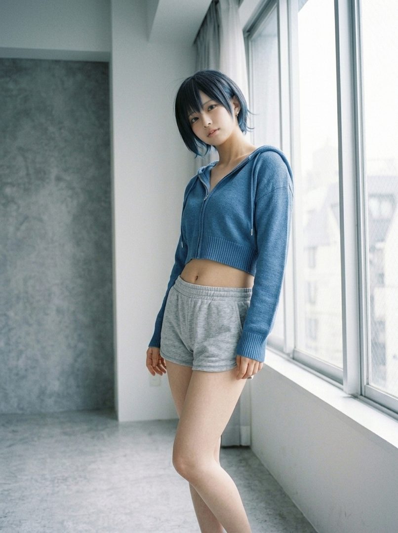 A young woman with short black hair wearing a blue cropped hoodie and grey shorts stands by a window.