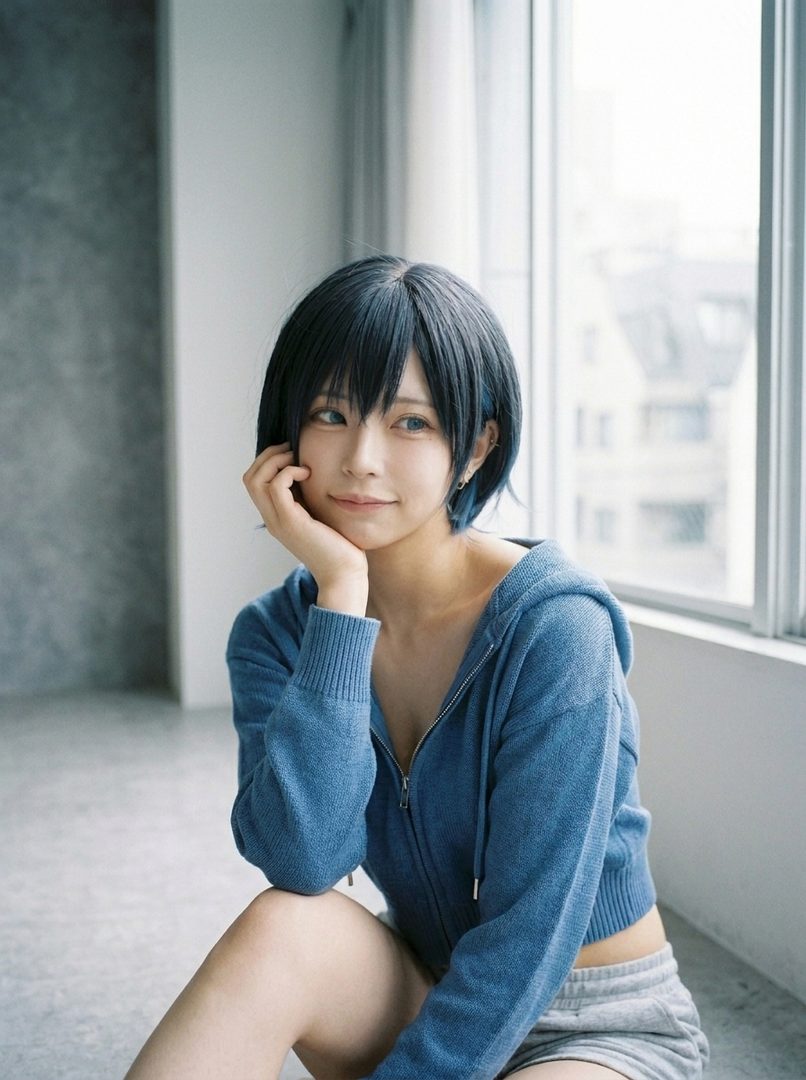 A young woman with short black hair and blue eyes, wearing a blue zip-up hoodie and grey shorts, sits indoors near a window, resting her chin on her hand.