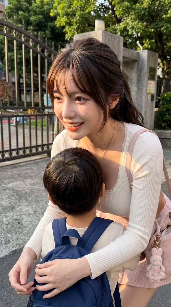 A young woman with brown hair tied in a ponytail smiles warmly as she hugs a young child wearing a backpack.