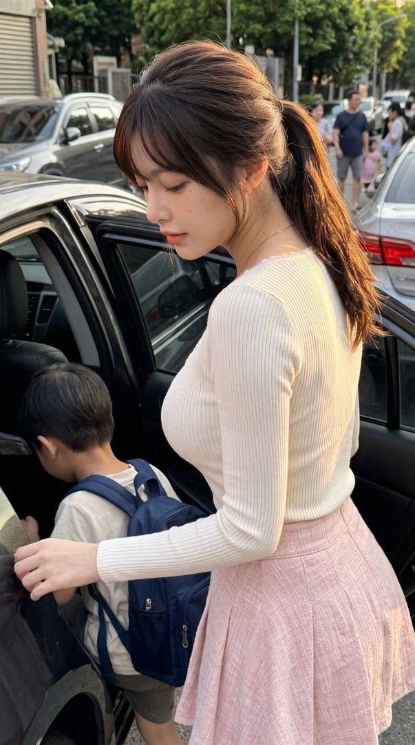 A young woman with a ponytail, wearing a white sweater and pink skirt, is seen from the side as she interacts with a child getting into a car.