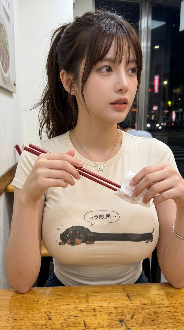 A young East Asian woman with a ponytail and bangs, wearing a light-colored t-shirt with a dachshund graphic, sits at a wooden table holding chopsticks.