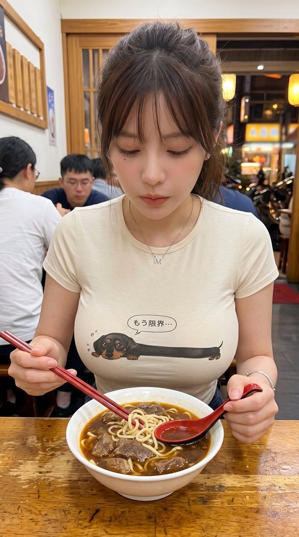 A young East Asian woman with brown hair tied up, wearing a casual t-shirt with a dachshund graphic, eating a bowl of beef noodle soup indoors.