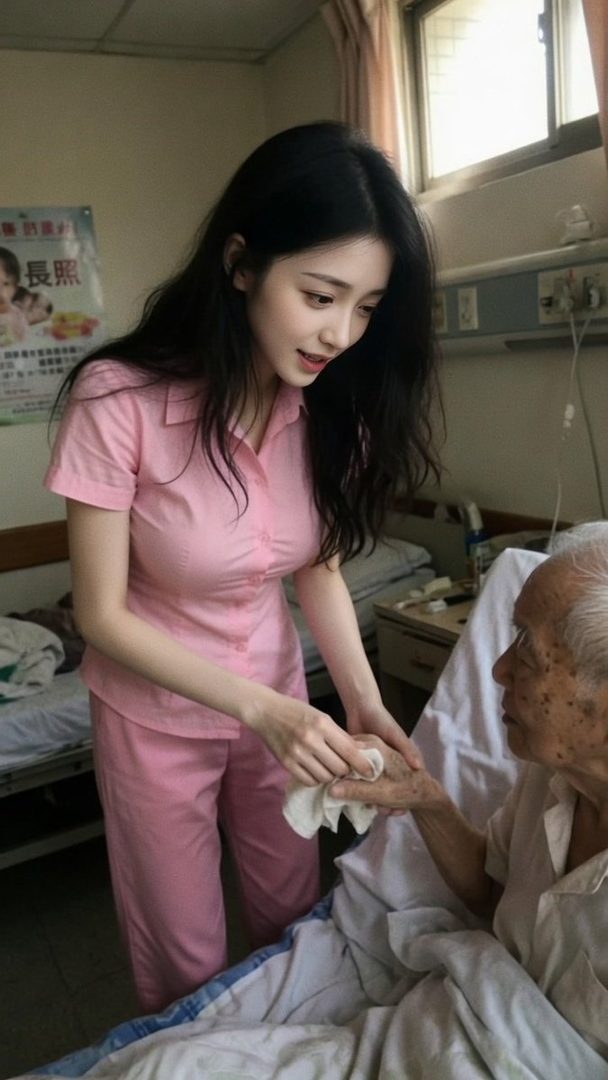A young woman in a pink nurse uniform gently wipes the hand of an elderly patient in a hospital room.
