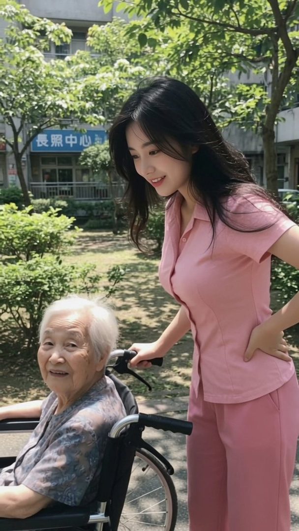 A young woman in a pink outfit pushes an elderly woman in a wheelchair outdoors, with trees and a building in the background.