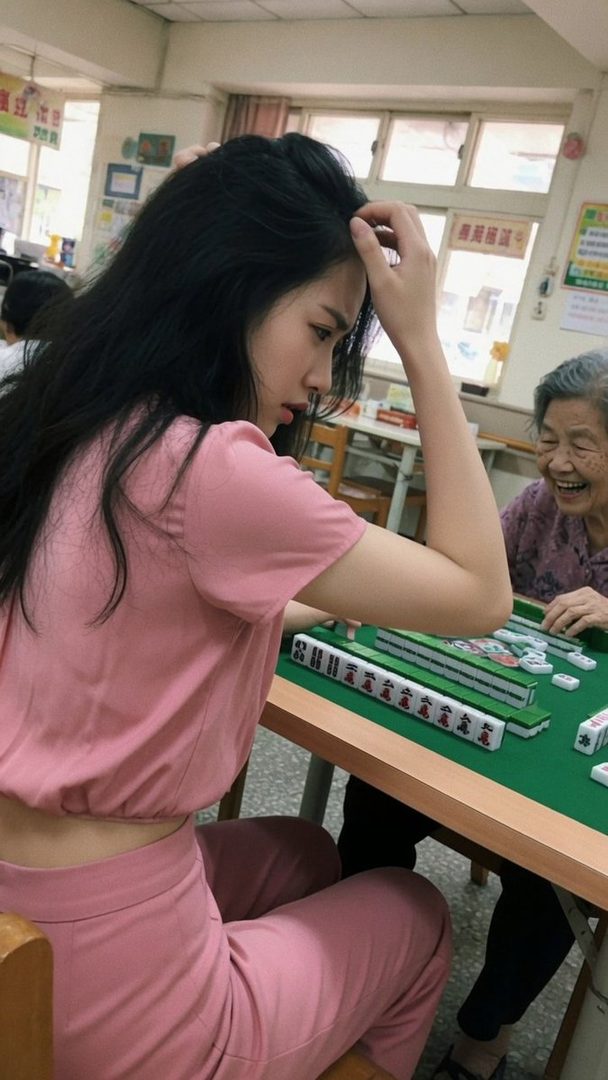 A young woman in a pink outfit plays mahjong with an elderly woman indoors.