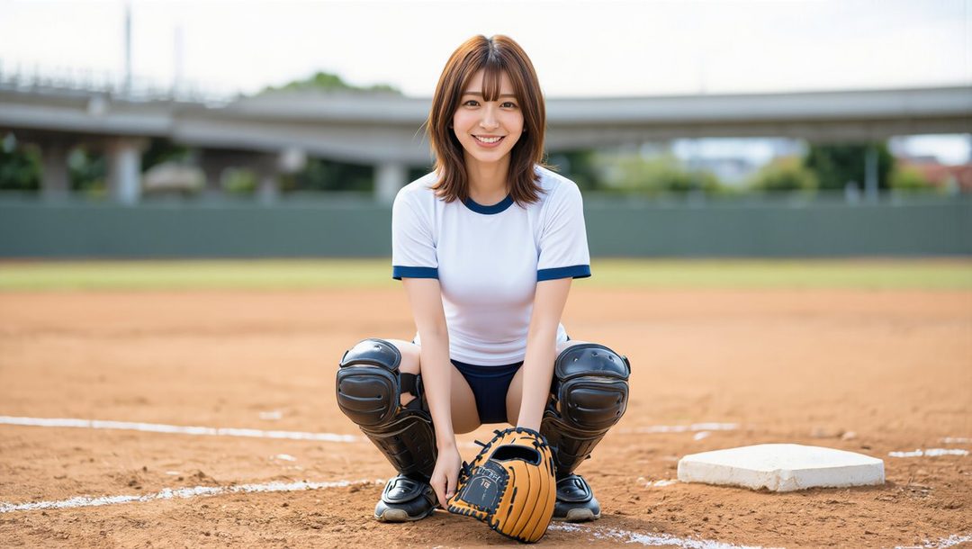 A young woman in a white sports top and blue shorts, wearing catcher's gear and holding a baseball glove, squats on a baseball field.
