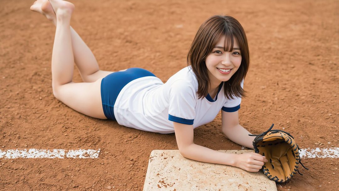 A smiling young woman in a white t-shirt and blue shorts, lying on a baseball field with a glove.