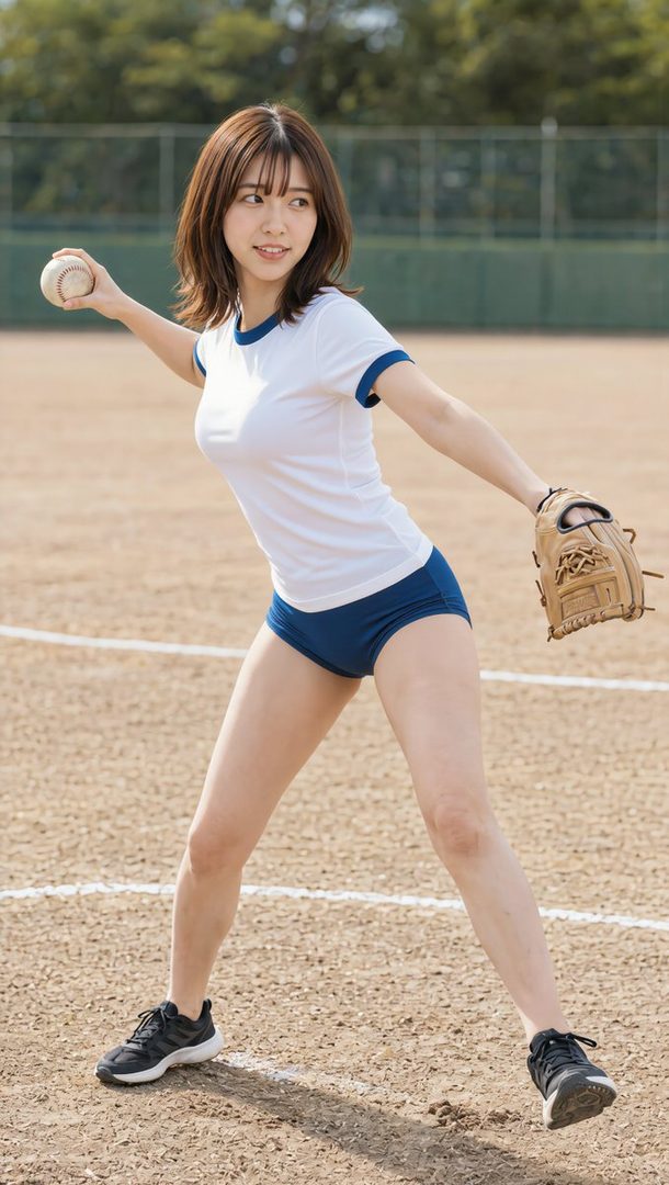 A young woman in a white t-shirt and blue shorts, holding a baseball and wearing a baseball glove, poses on a baseball field.