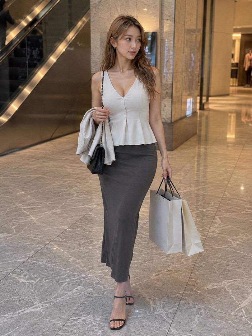 A stylish woman with long light brown hair, wearing a white peplum top and a long gray skirt, walks through a modern mall carrying shopping bags.
