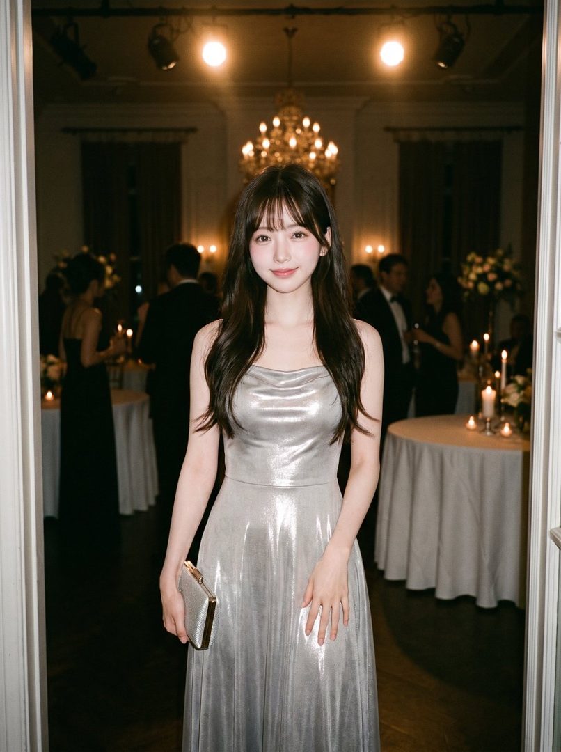 A young East Asian woman with long dark hair and bangs, wearing a shimmering silver strapless gown and holding a clutch, poses elegantly in a dimly lit ballroom with chandeliers and candlelit tables.