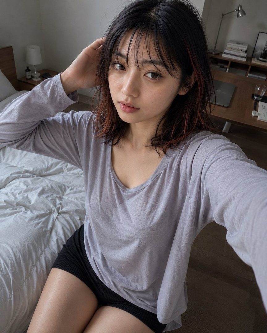 A young woman with black hair and red highlights takes a casual selfie in a bedroom, wearing a grey long-sleeve shirt and black shorts.