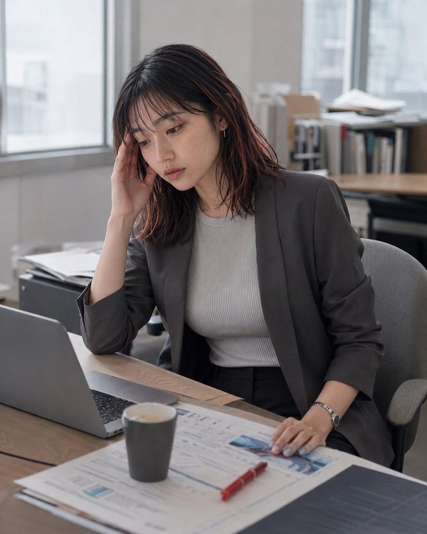 A young woman with dark brown hair and highlights, wearing a grey blazer and white top, sits at an office desk with a laptop and papers, looking thoughtful.