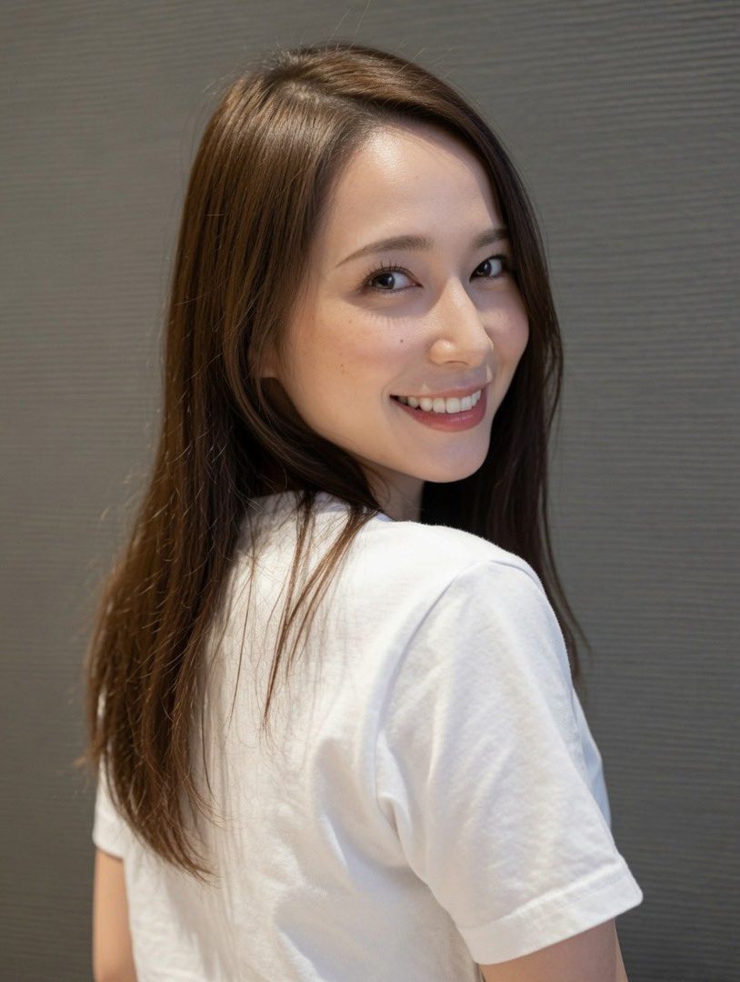 A young East Asian woman with long brown hair smiles over her shoulder, wearing a white t-shirt indoors.