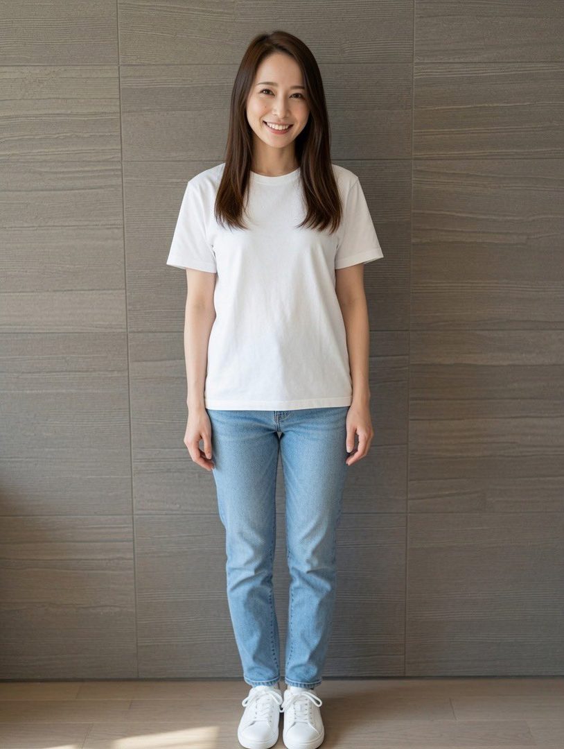 A smiling East Asian woman with long brown hair, wearing a white t-shirt and blue jeans, stands indoors against a textured wall.