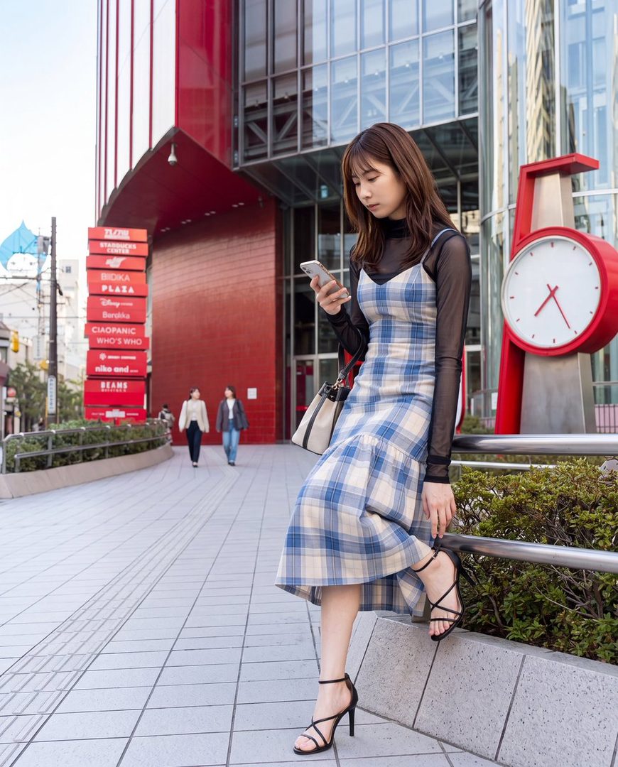 A young East Asian woman in a blue and white plaid dress and black mesh top looks at her phone while sitting on a railing outside a modern building.