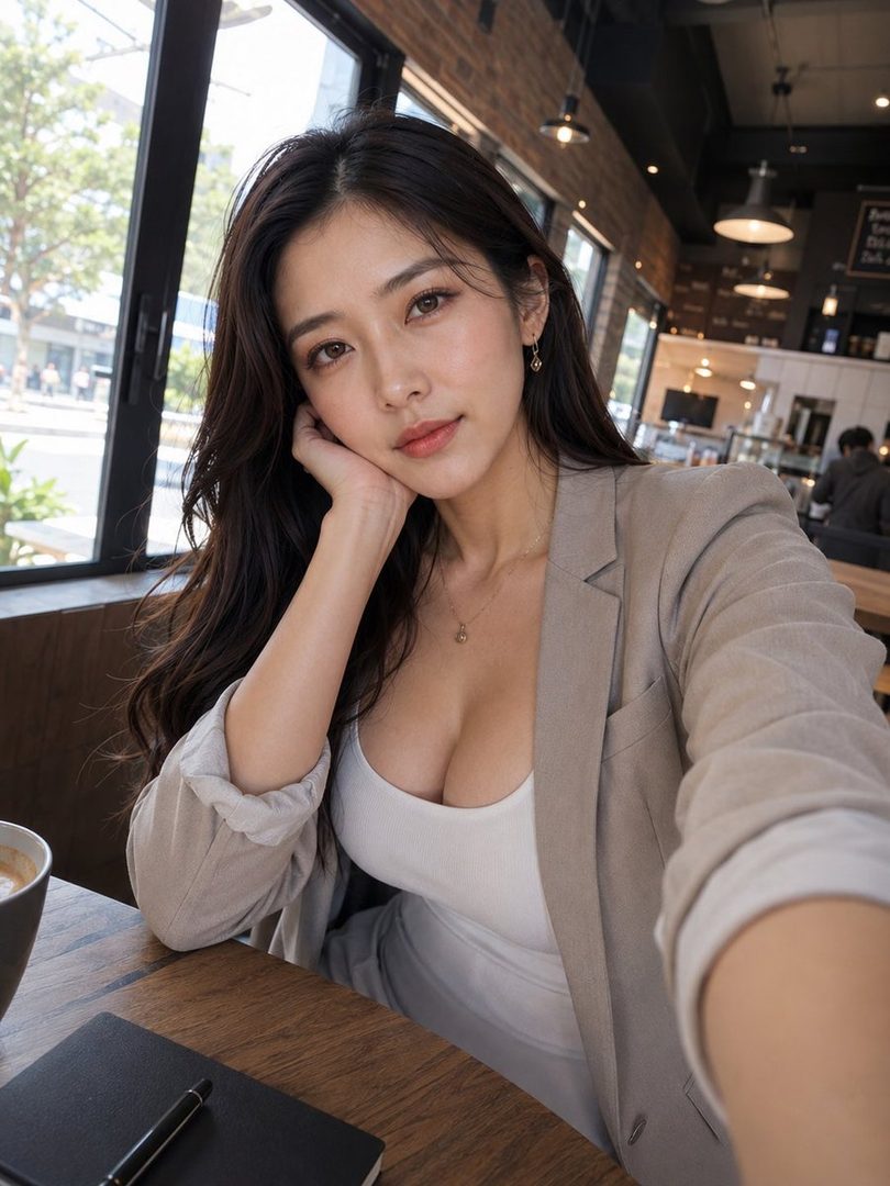 A beautiful woman with long dark hair and a blazer poses for a selfie in a cafe, resting her chin on her hand.