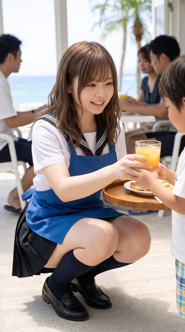 A young woman in a school uniform and apron serves a drink to a child at a seaside cafe.