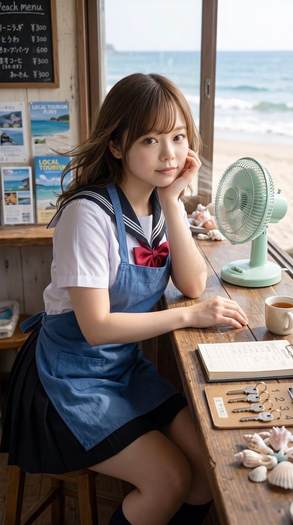 A young woman in a sailor uniform and apron sits at a wooden counter by the sea, resting her chin on her hand.