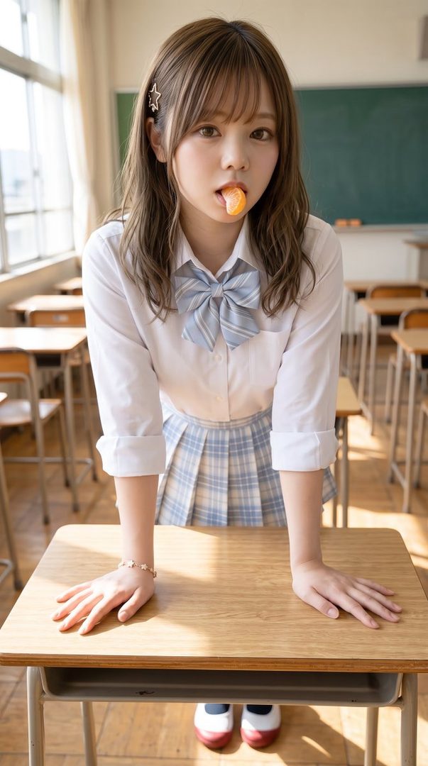 A young woman in a school uniform, with a blue bow tie and plaid skirt, playfully holds a slice of orange in her mouth while leaning on a school desk.