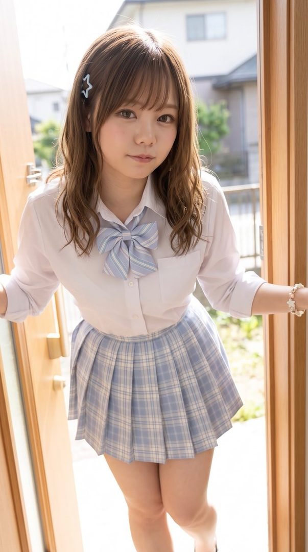 A young woman in a school uniform with a white shirt and blue plaid skirt poses indoors.