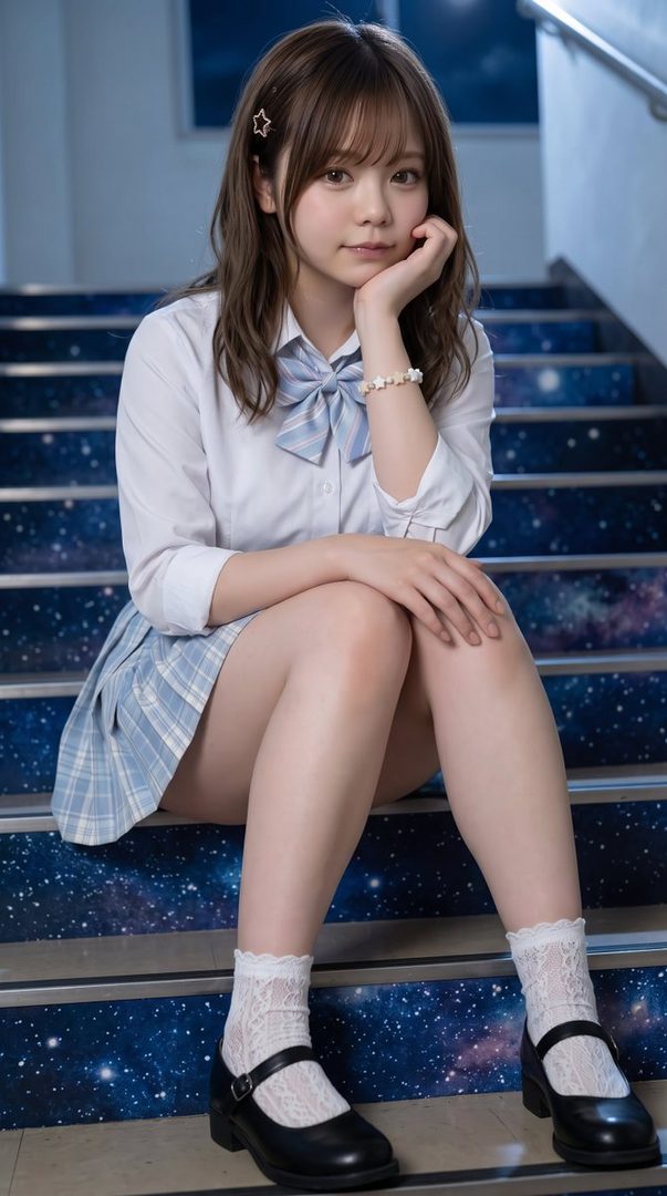 A young woman in a school uniform sits on starry stairs, posing with her hand on her chin.