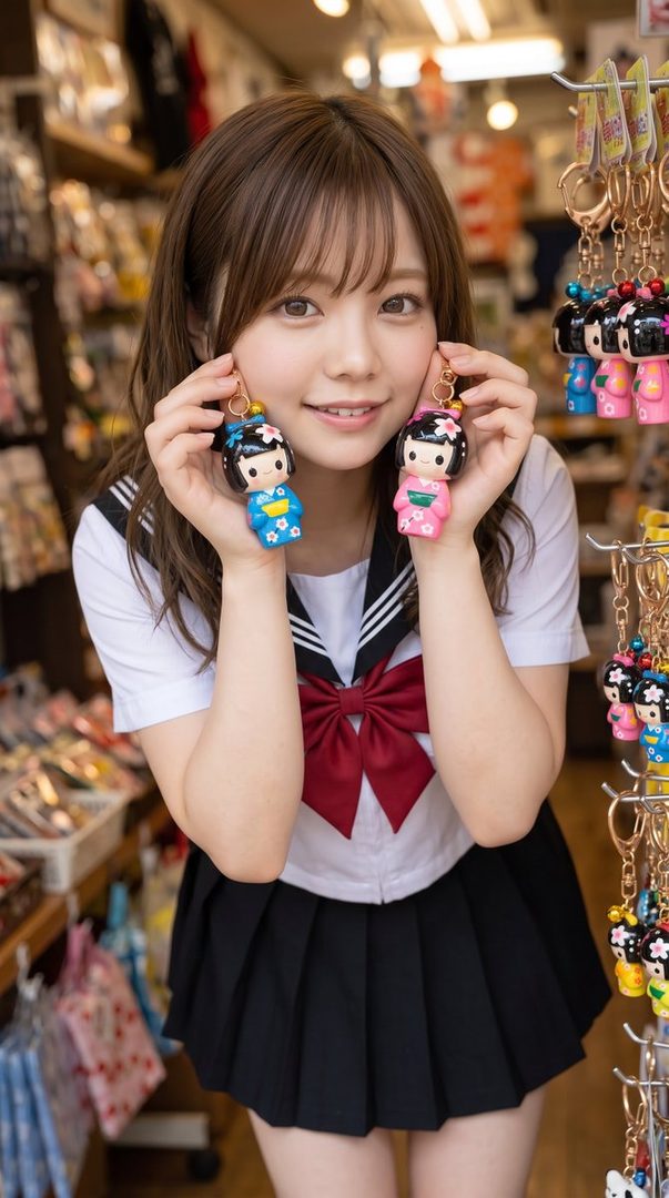 A young Japanese woman in a school uniform holds up two cute kokeshi doll keychains, smiling at the camera.