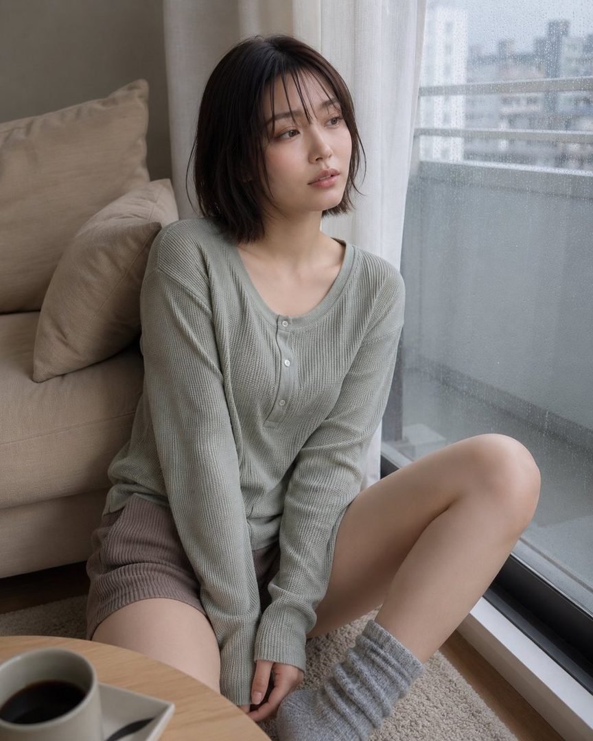 A young woman with short dark hair sits on the floor by a window on a rainy day, wearing a light green long-sleeve shirt and knit shorts, looking out thoughtfully.