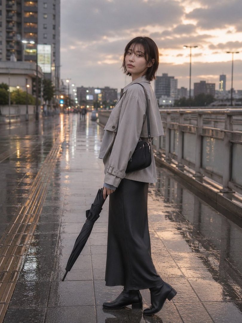 A young woman with short dark hair stands on a wet city street at dusk, holding a closed umbrella and wearing a light trench coat, long dark skirt, and boots.