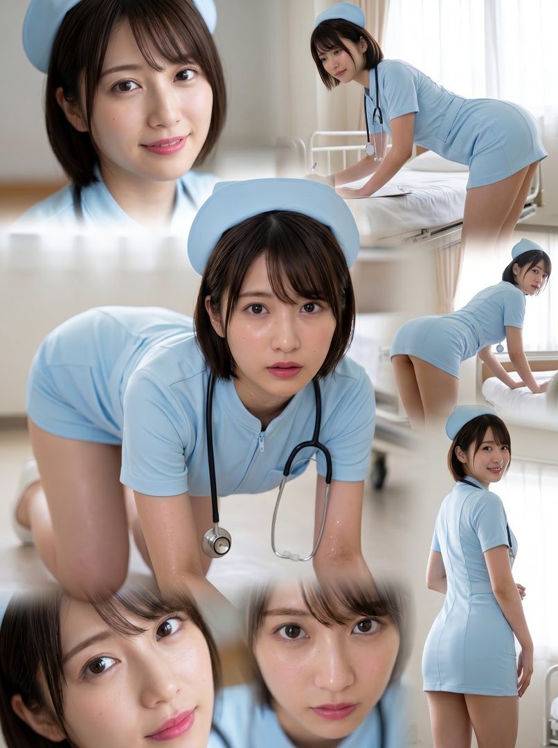 A collage of a young Japanese woman in a light blue nurse uniform, posing suggestively in a hospital-like setting.