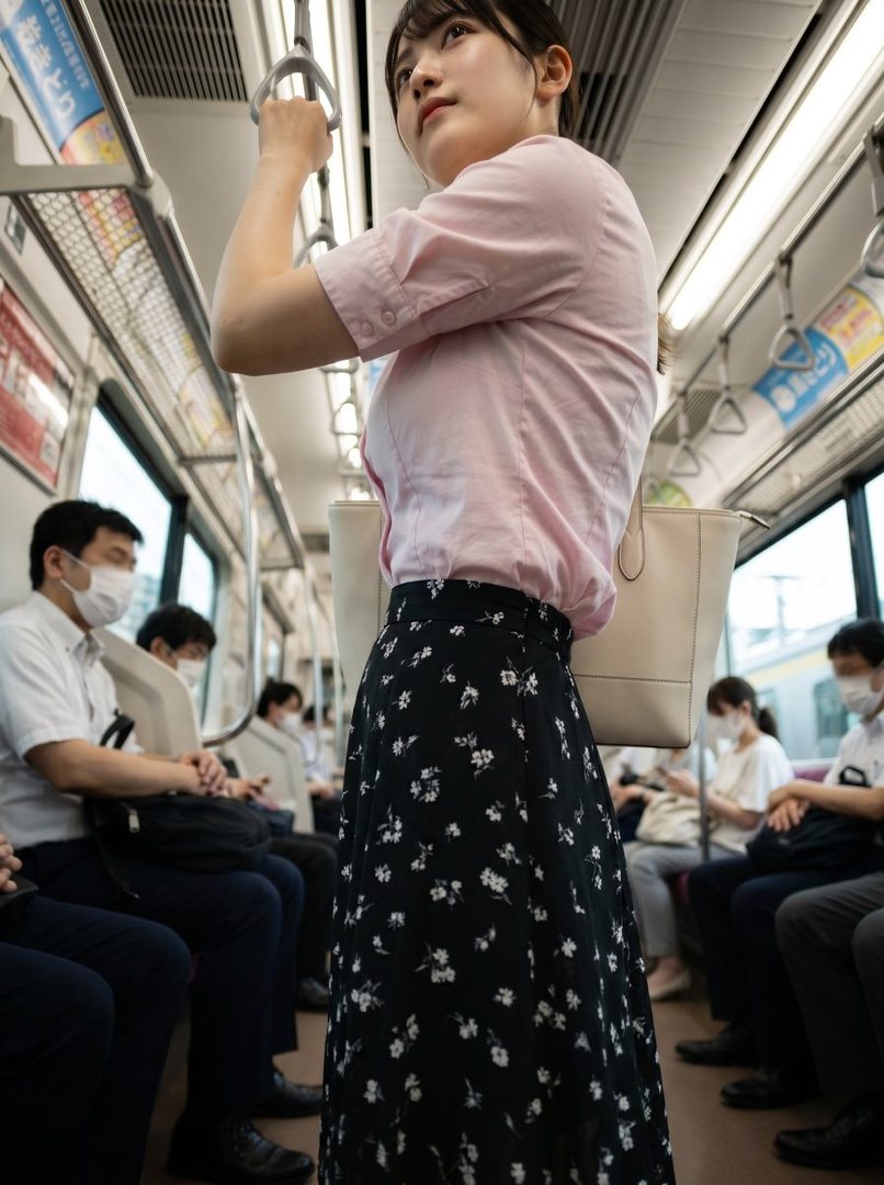 A young East Asian woman with long black hair, wearing a pink blouse and a floral skirt, stands on a train holding onto a pole, looking thoughtfully to the side.