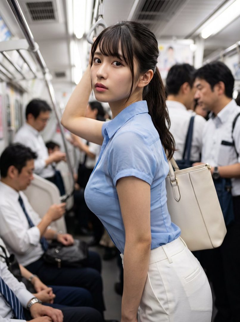 A young East Asian woman with her hair in a ponytail, wearing a light blue blouse and white pants, poses on a crowded train.